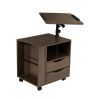 Height Adjustable Overbed End Table Wooden Nightstand with Swivel Top, Storage Drawers, Wheels and Open Shelf, (Black oak)