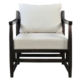 Malibu 27 Inch Handcrafted Mango Wood Accent Chair, Fabric, Pillow Back, Open Frame, Light Gray, Black