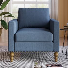 Classic Linen Armchair Accent Chair with Bronze Nailhead Trim Wooden Legs Single Sofa Couch for Living Room, Bedroom, Balcony, Navy Blue