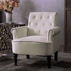 Elegant Button Tufted Club Chair Accent Armchairs Roll Arm Living Room Cushion with Wooden Legs; Off White