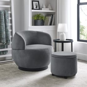 Swviel Barrel Chair with Black Stainless Steel Base, with Storage Ottoman, Velvet, Grey