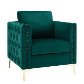 Modern Velvet Armchair Tufted Button Accent Chair Club Chair with Steel Legs for Living Room Bedroom,Green