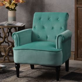 Elegant Button Tufted Club Chair Accent Armchairs Roll Arm Living Room Cushion with Wooden Legs; Teal Velvet