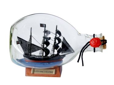 Wooden Blackbeard's Queen Anne's Revenge Pirate Ship in a Glass Bottle 7""