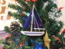 Wooden Blue Sailboat with Blue Sails Christmas Tree Ornament 9""